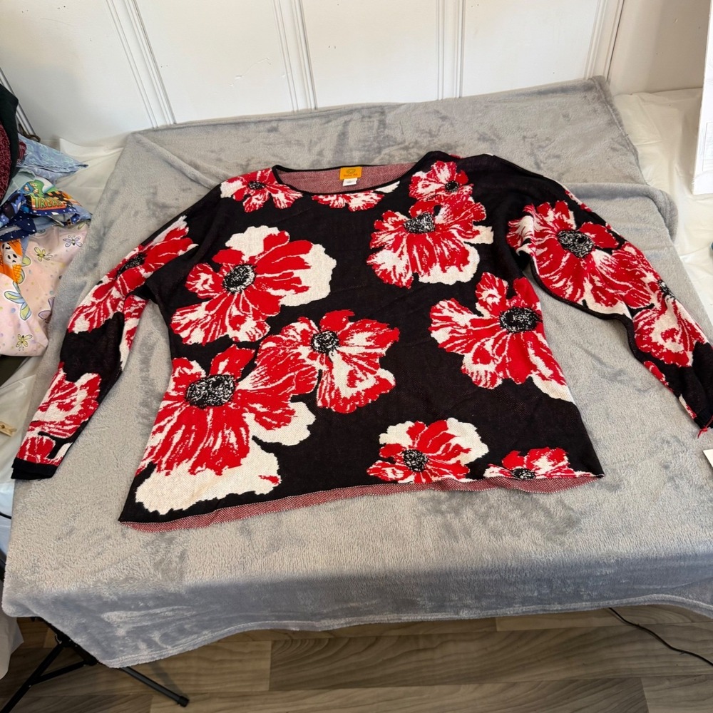 Ruby Rd Womens XL Floral Poppy Sweater Black Red White Long Sleeve Rayon Knit